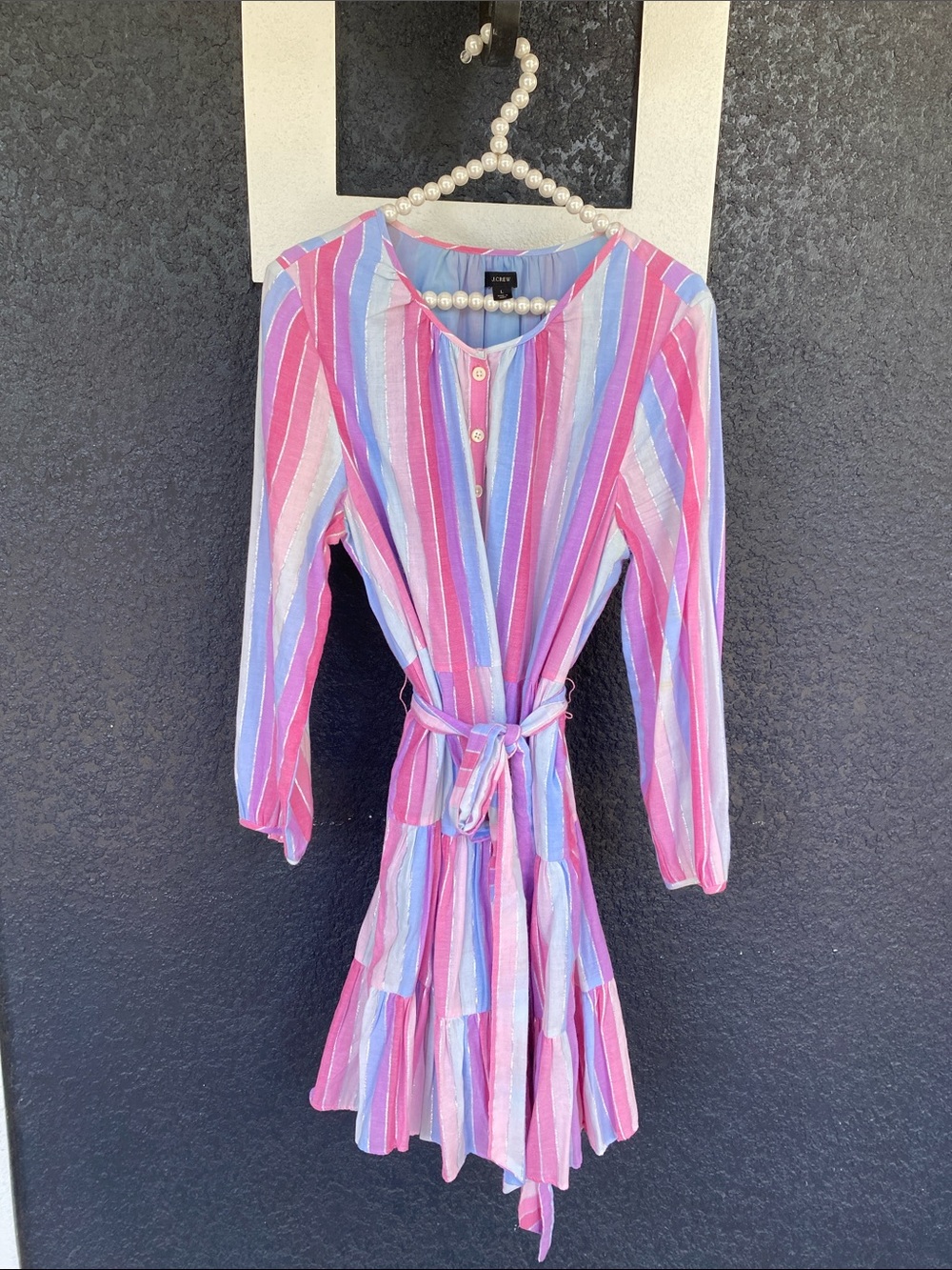 J.Crew Veda Belted Tiered Stripe Metallic Mini Dress L EUC
